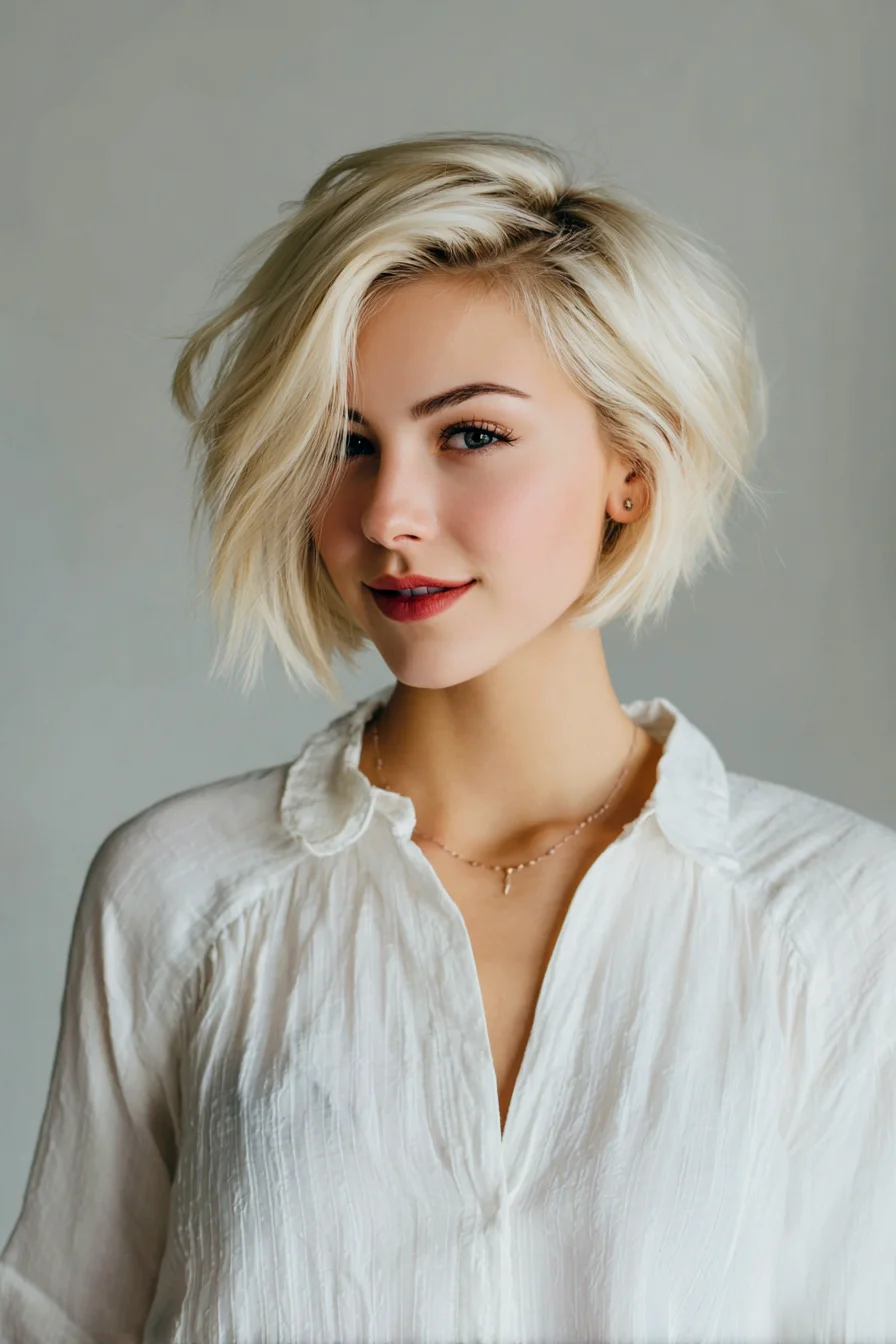Textured Chin-Length Blonde Bob with Side-Swept Layers