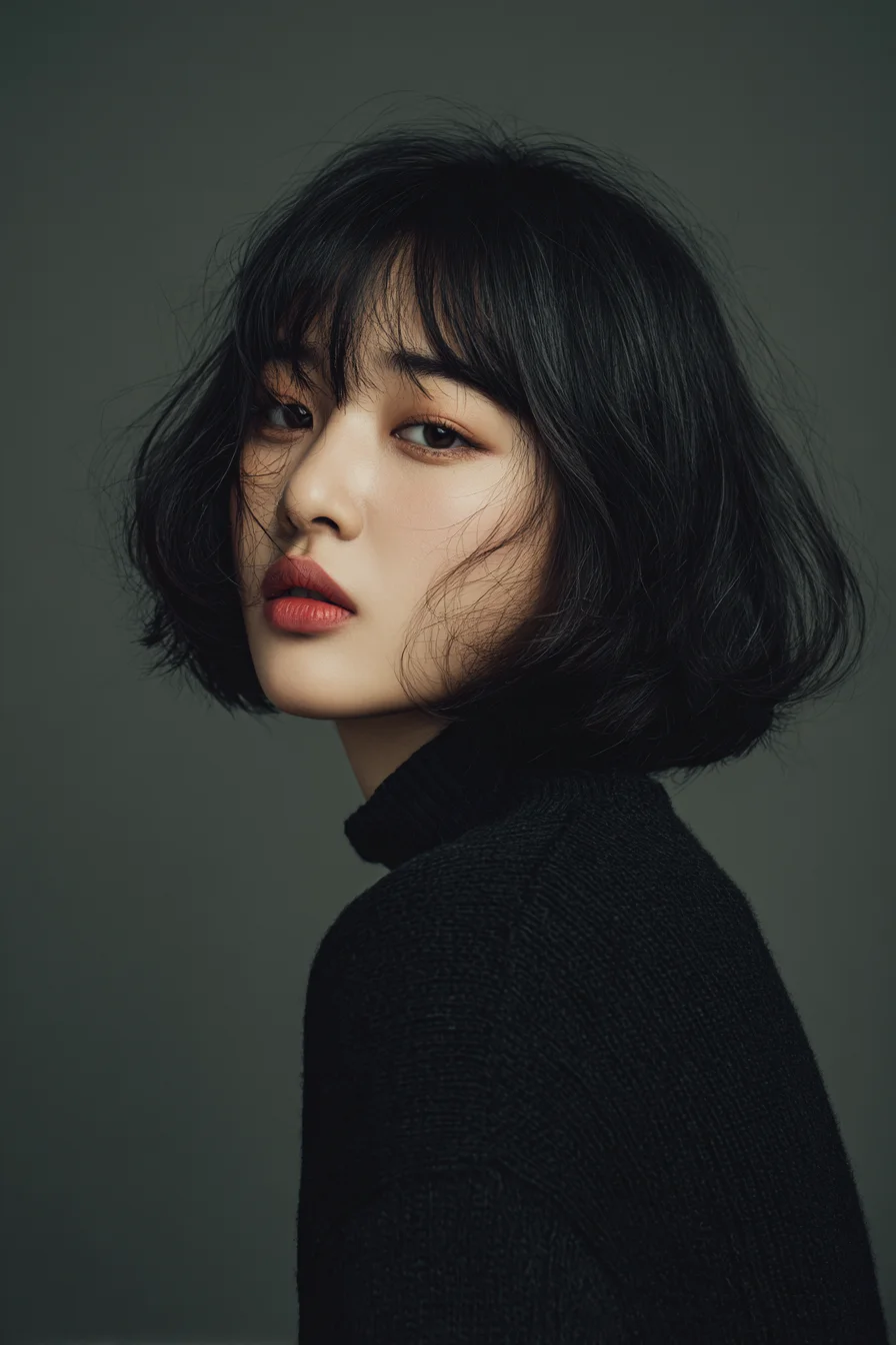 Textured Chin-Length Bob with Soft Curtain Bangs