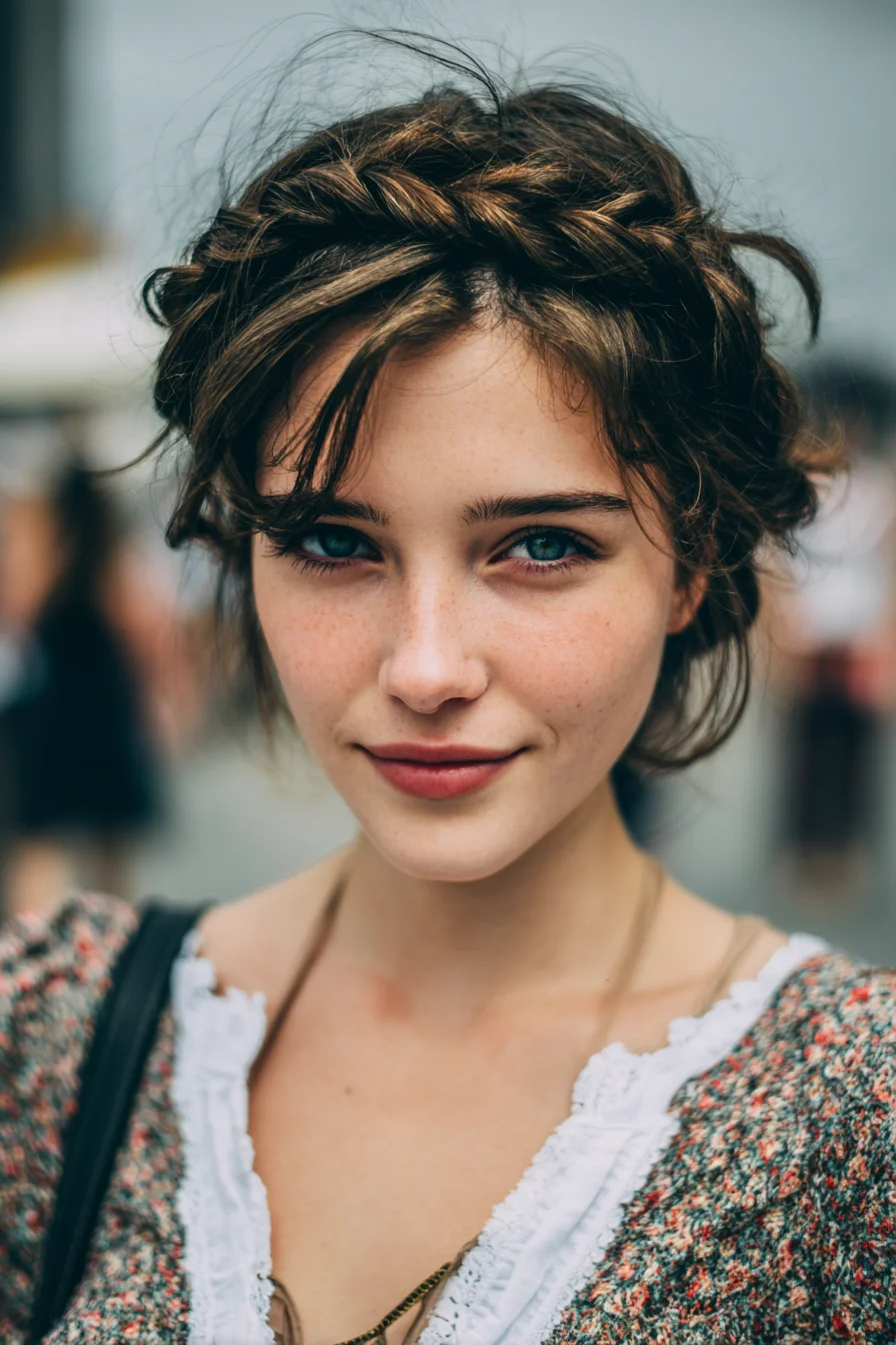 Textured Crown Braid Updo with Loose Face‑Framing Bangs