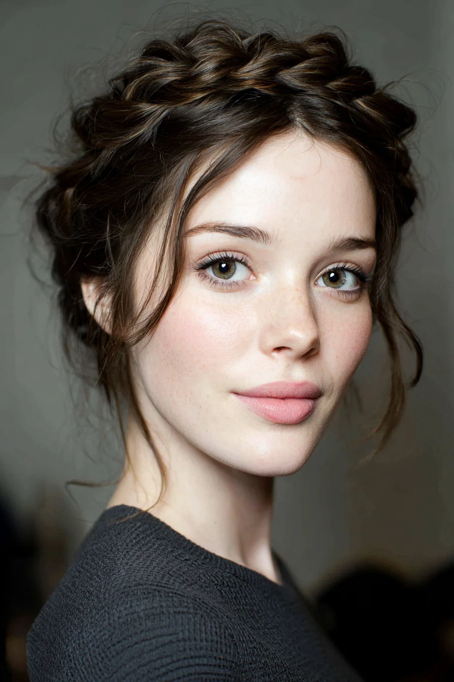 Textured Crown Braid Updo with Soft Face‑Framing Tendrils