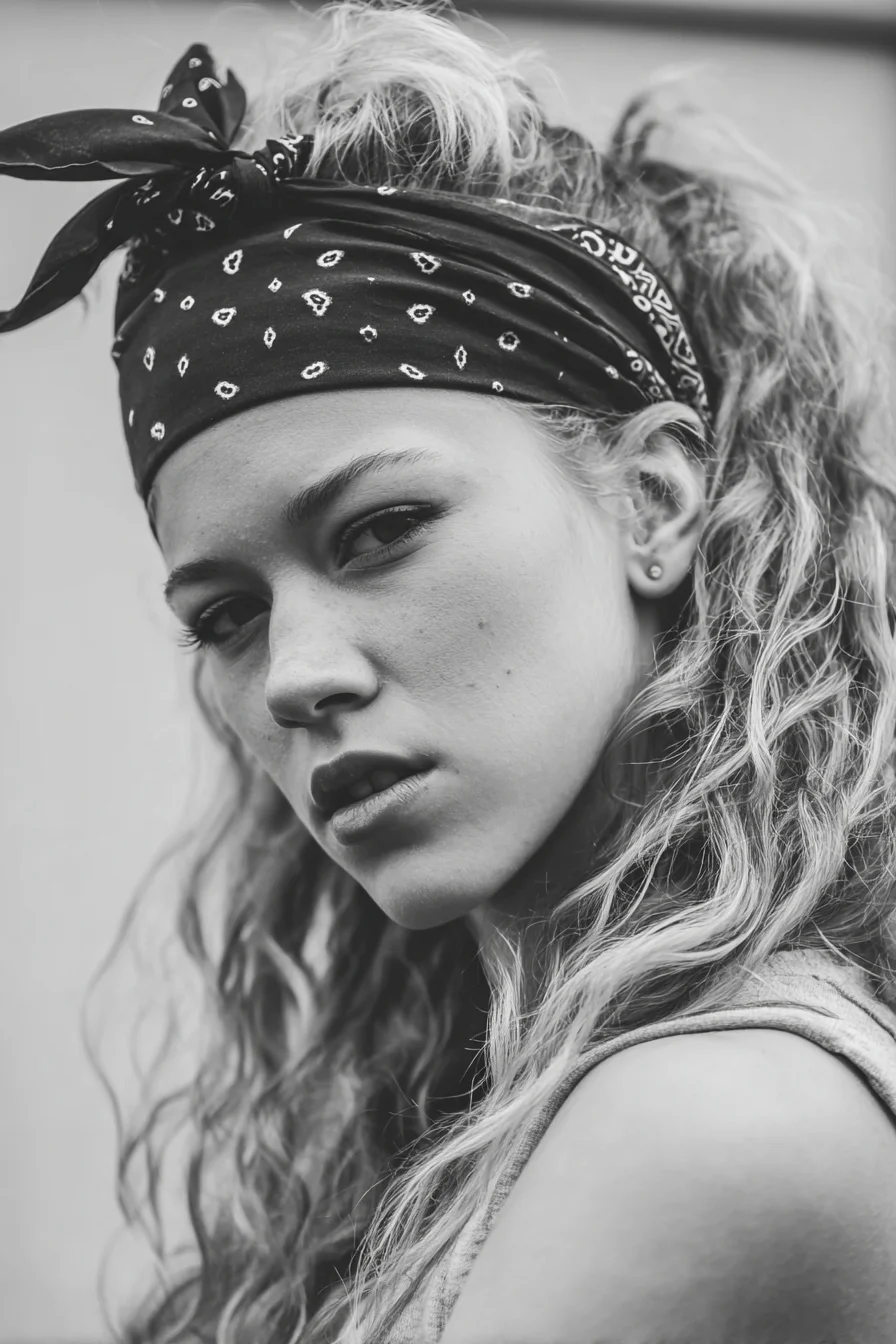 Textured Curly Half-Up Pony with Bandana