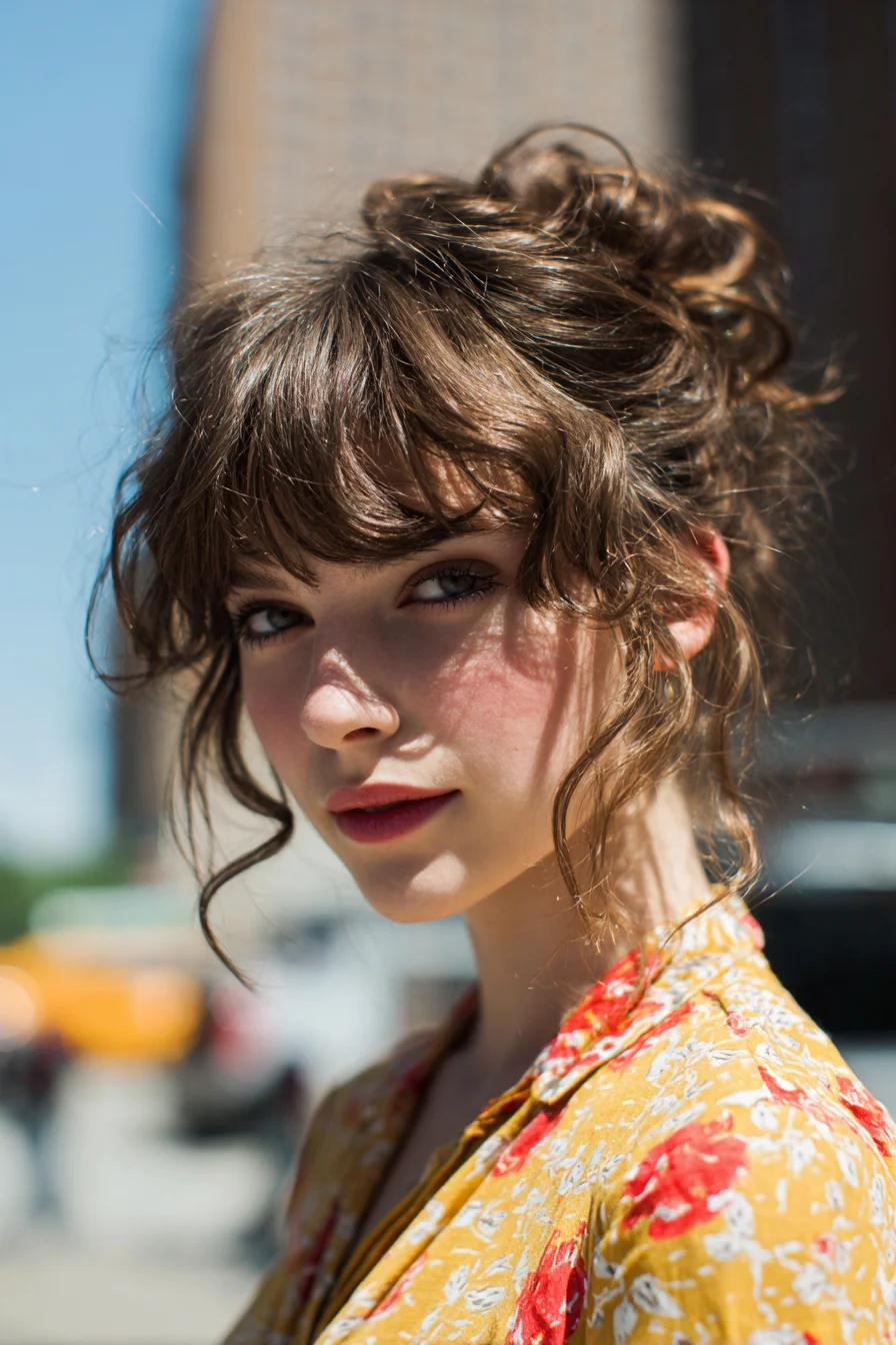 Textured Curly Messy Bun with Curtain Bangs and Face‑Framing Tendrils