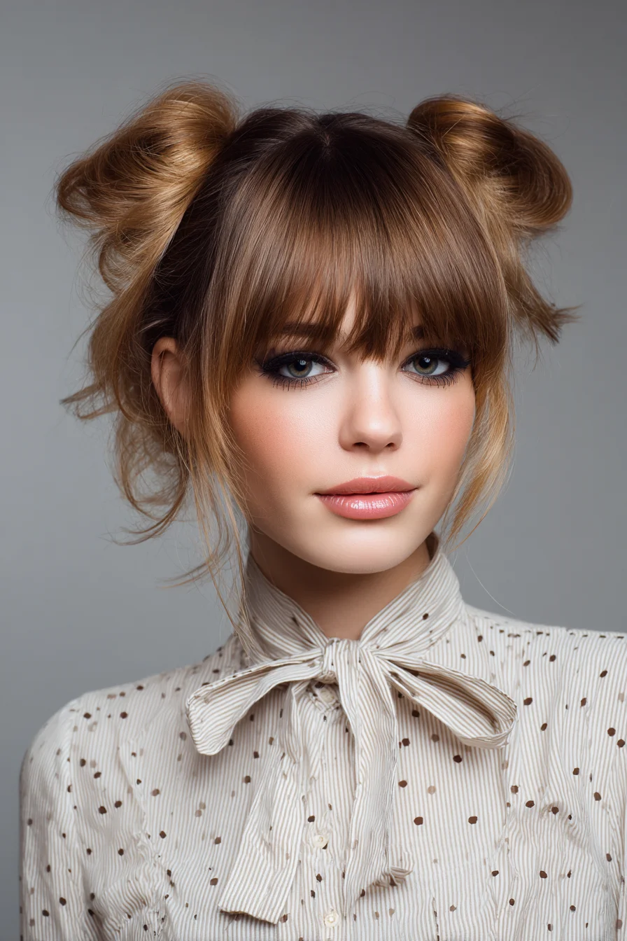 Textured Double Space Buns with Face‑Framing Bangs — Tousled Updo