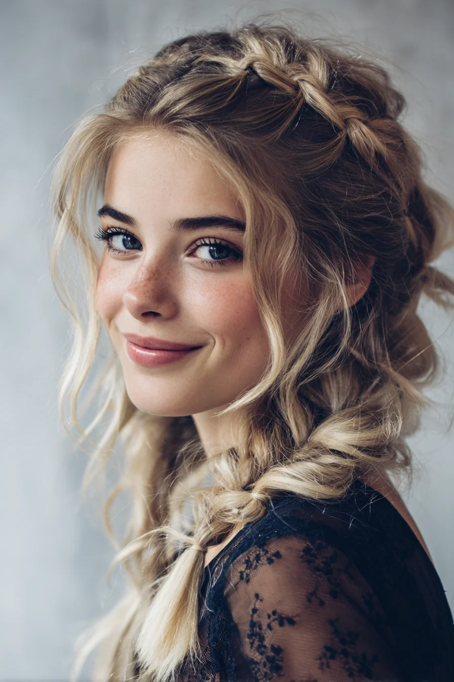 Textured Dutch Crown Braids with Loose Low Braids and Face‑Framing Tendrils