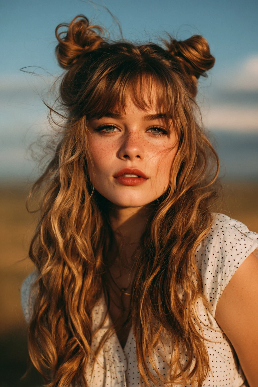 Textured Half-Up Double Buns with Beachy Waves and Curtain Bangs