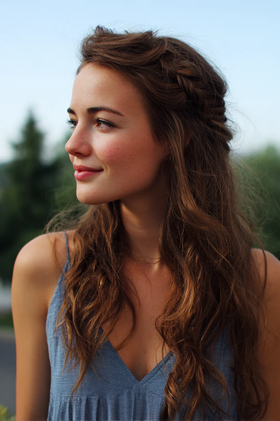 Textured Half-Up French Braid with Loose Beachy Waves