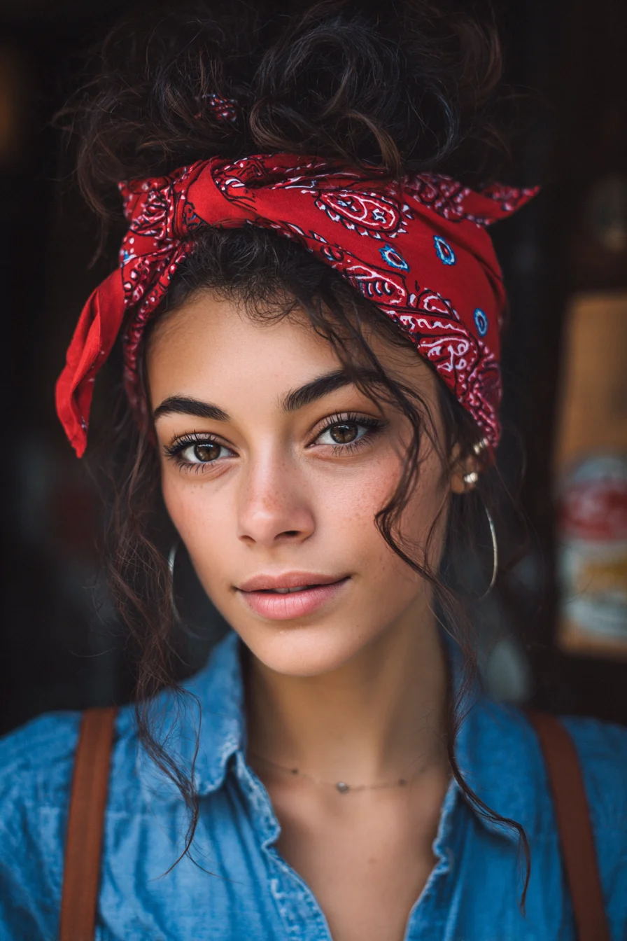 Textured High Bun with Bandana — Messy Curly Updo for Wavy to Coily Hair