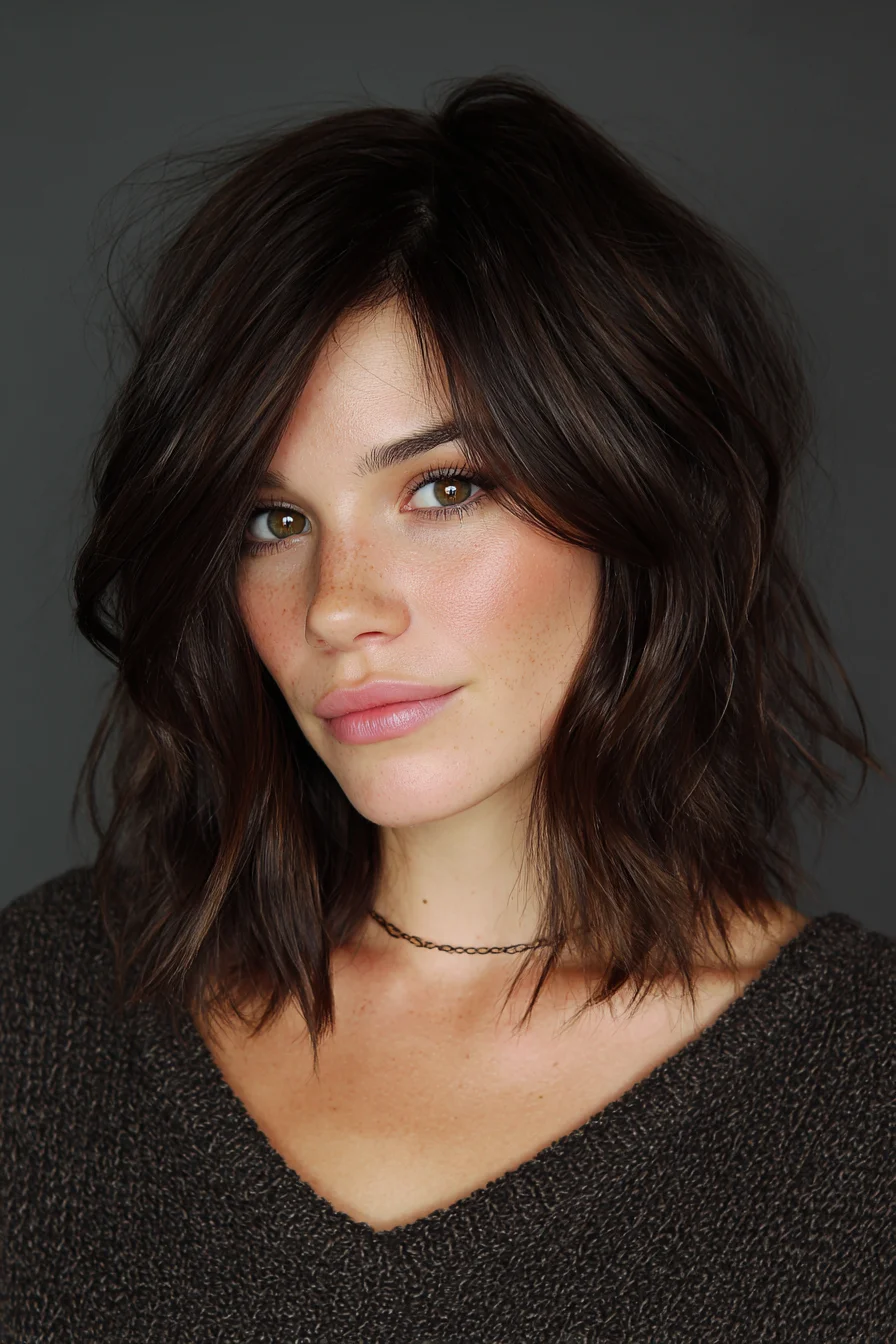Textured Layered Lob with Curtain Bangs and Tousled Waves