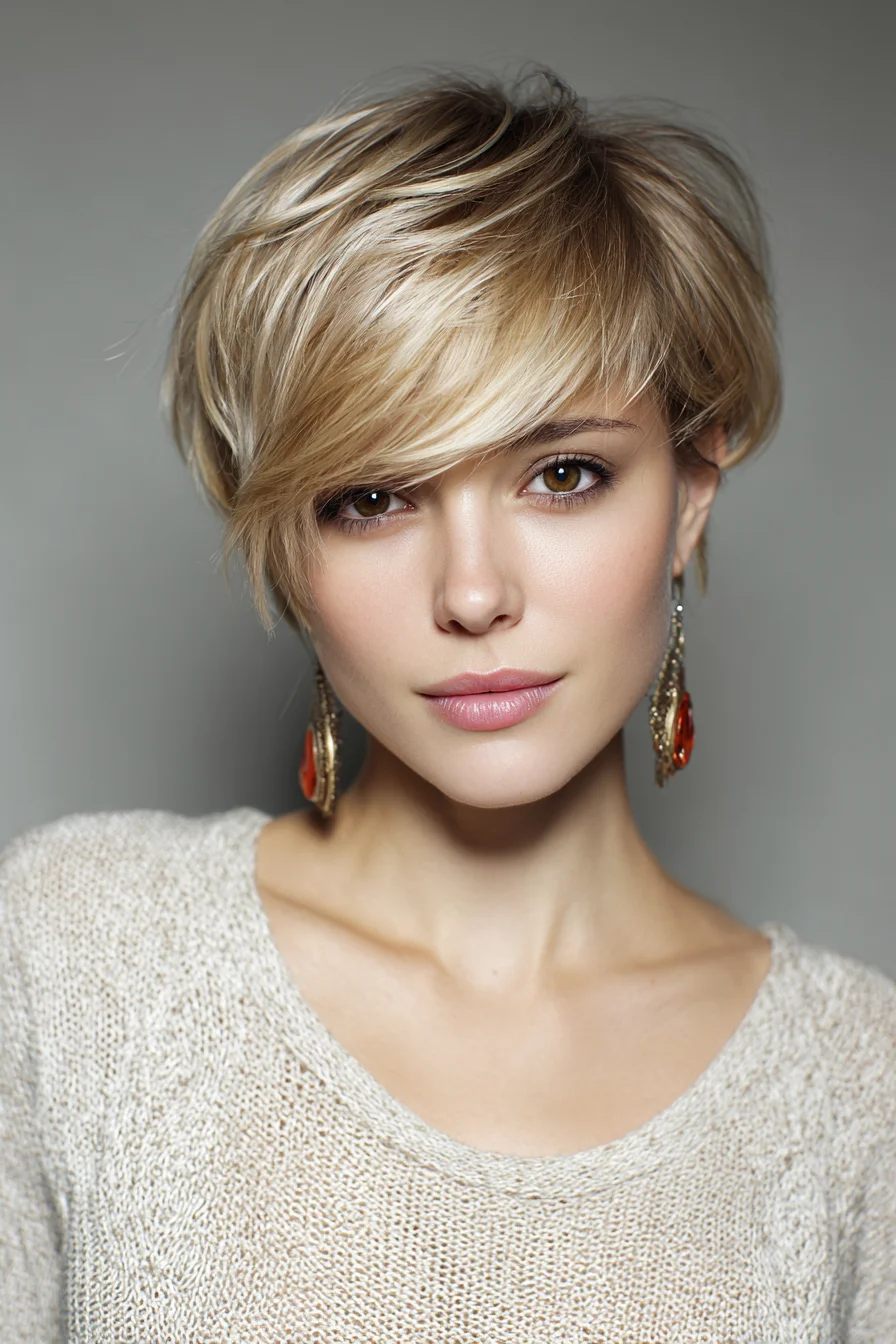 Textured Layered Pixie with Side‑Swept Fringe — Short Blonde Cut
