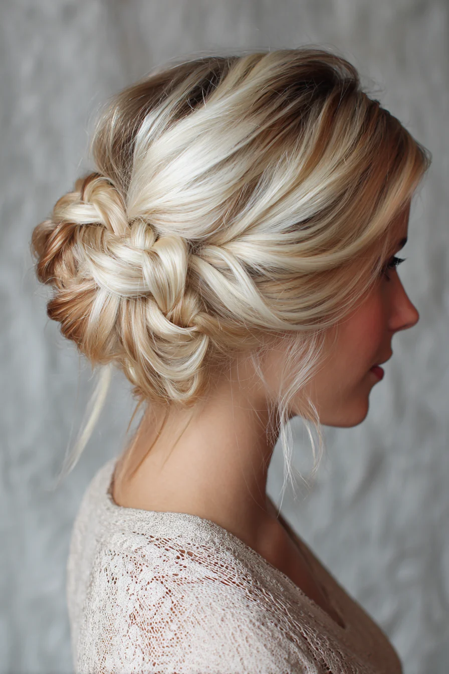 Textured Low Braided Updo with Face-Framing Tendrils