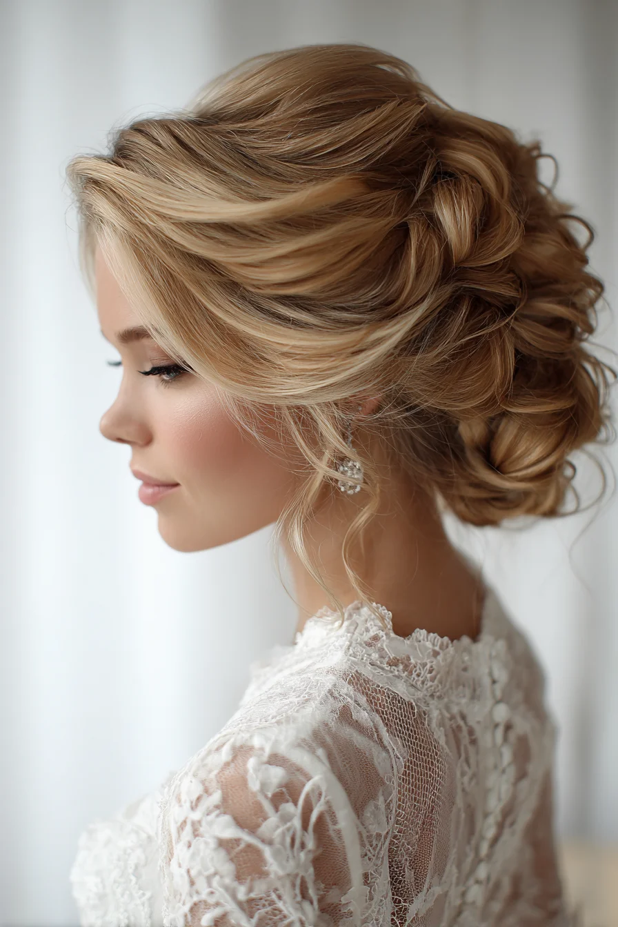 Textured Low Chignon Updo with Face‑Framing Tendrils