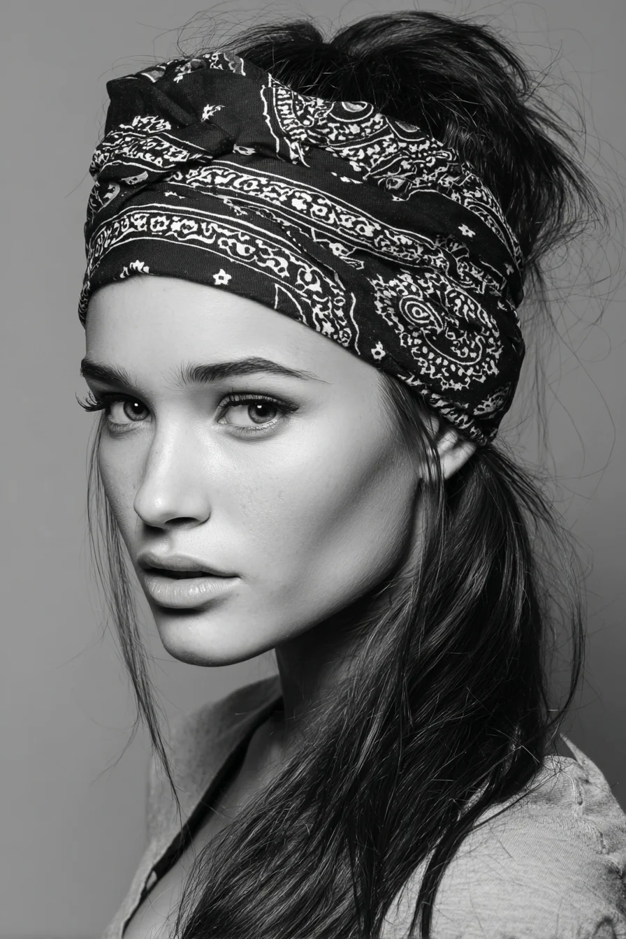 Textured Low Ponytail with Bandana Headwrap — Boho Messy Style