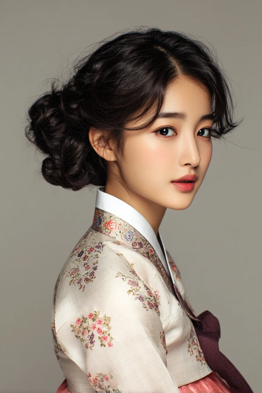 Textured Low Romantic Bun with Soft Face‑Framing Tendrils