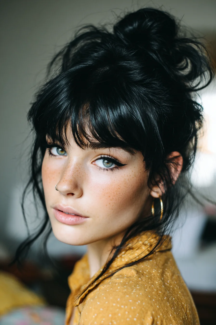 Textured Messy High Bun with Curtain Bangs