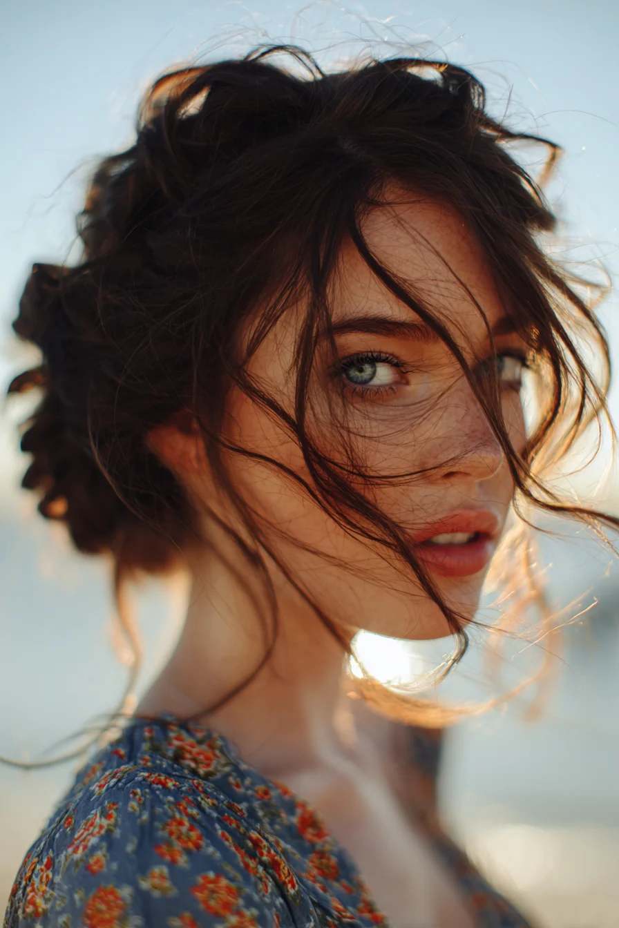 Textured Messy Low Bun with Face-Framing Tendrils