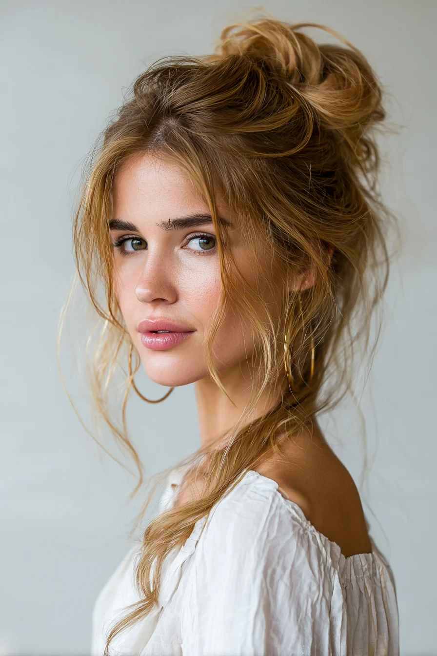 Textured Messy Top Knot with Loose Face‑Framing Tendrils