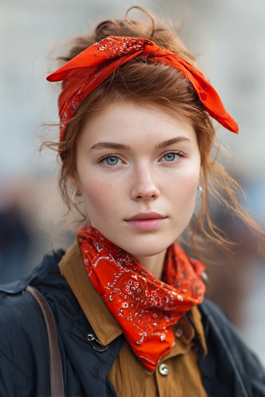 Textured Messy Updo with Bandana Headscarf and Face‑Framing Tendrils