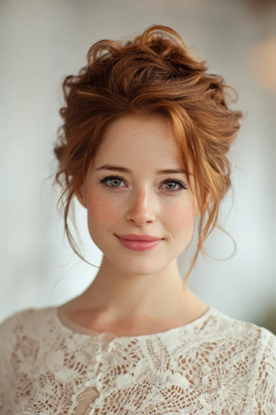 Textured Messy Updo with Face‑Framing Tendrils