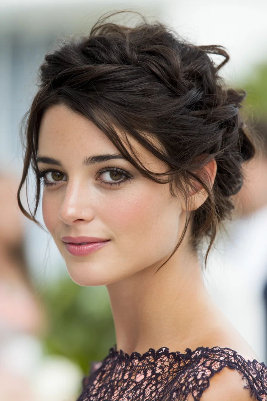 Textured Messy Updo with Face‑Framing Tendrils for Medium to Thick Hair