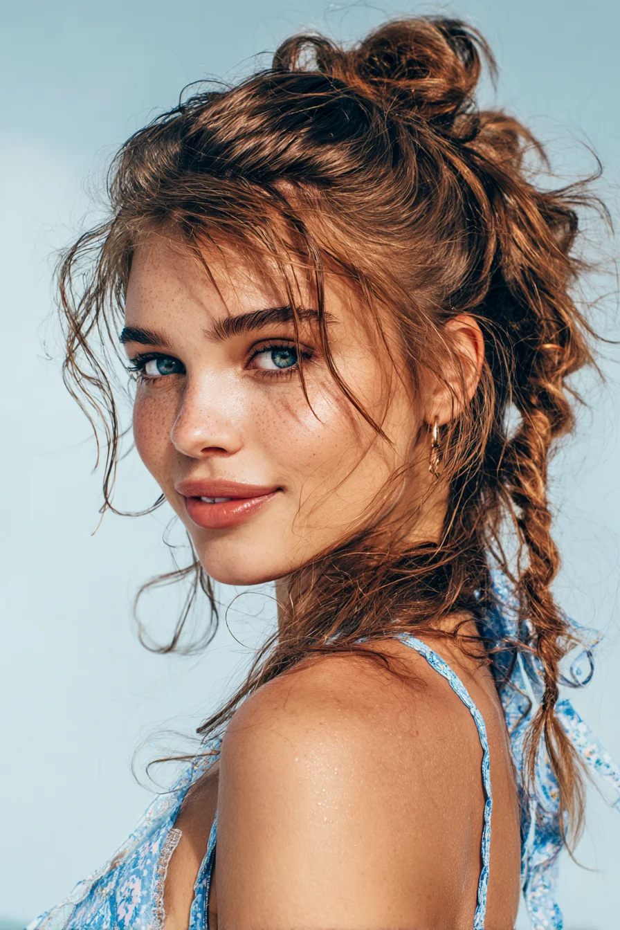 Textured Messy Updo with Loose Braid and Face-Framing Tendrils