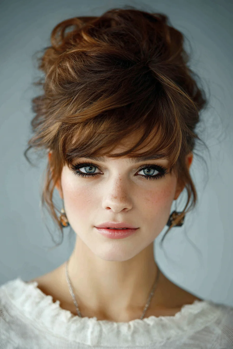 Textured Messy Updo with Wispy Bangs and Face‑Framing Tendrils