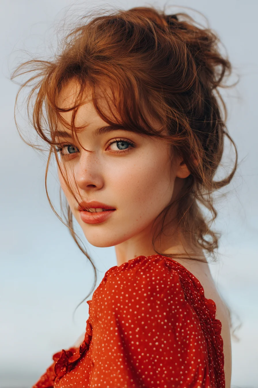 Textured Messy Updo with Wispy Face‑Framing Bangs