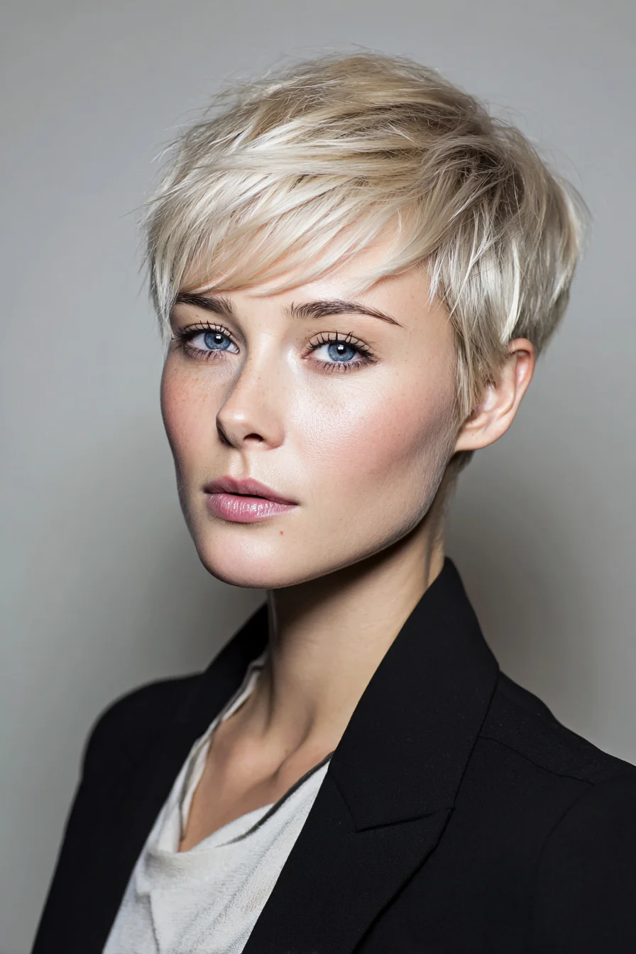 Textured Platinum Blonde Pixie Cut with Side‑Swept Fringe