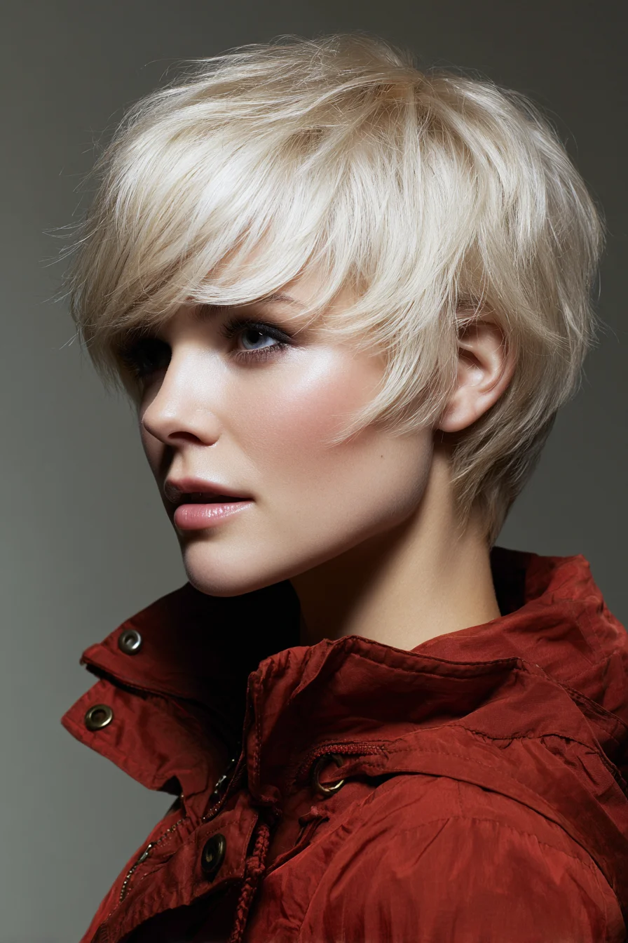 Textured Platinum Blonde Pixie with Long Side‑Swept Fringe