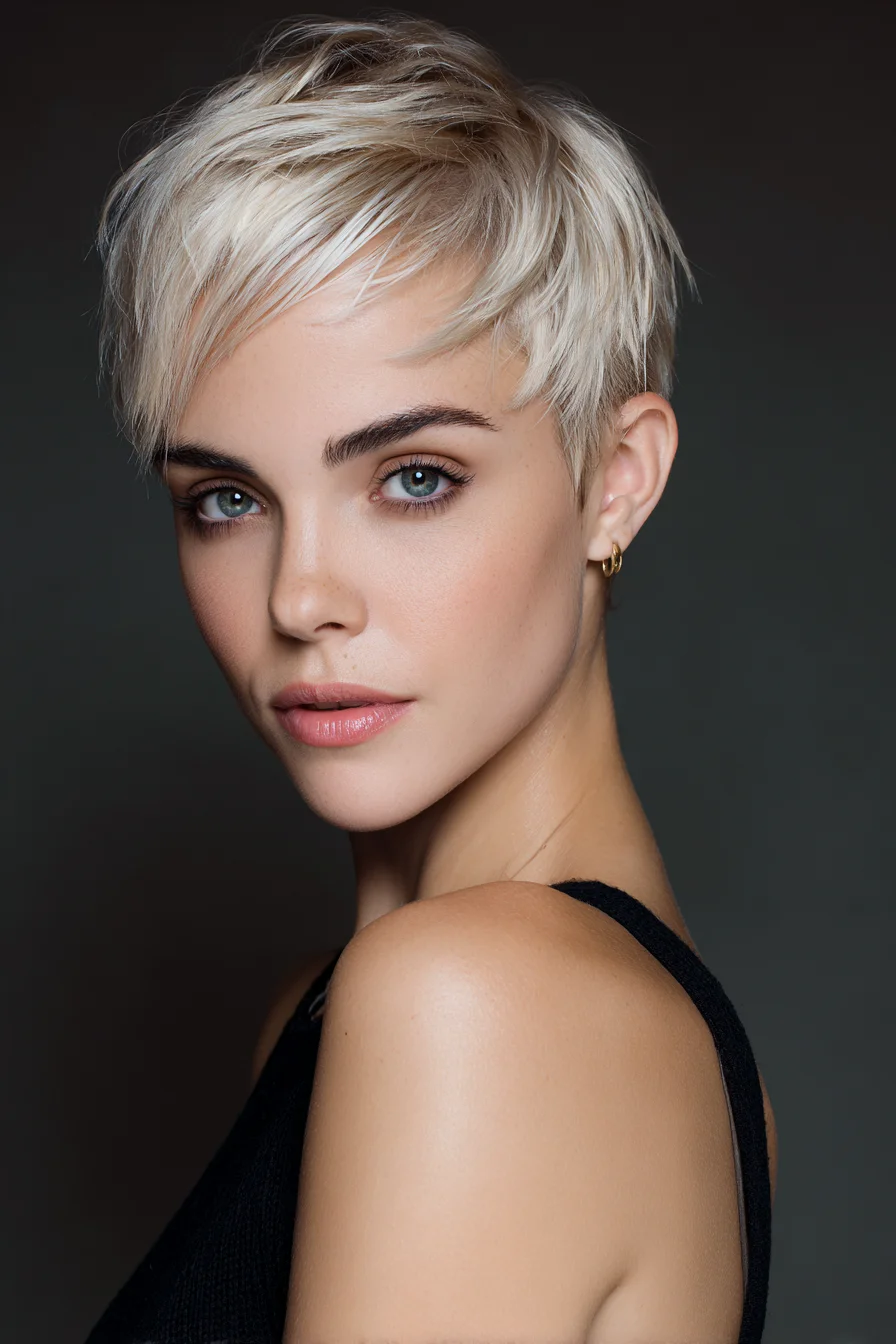 Textured Platinum Blonde Pixie with Side‑Swept Fringe