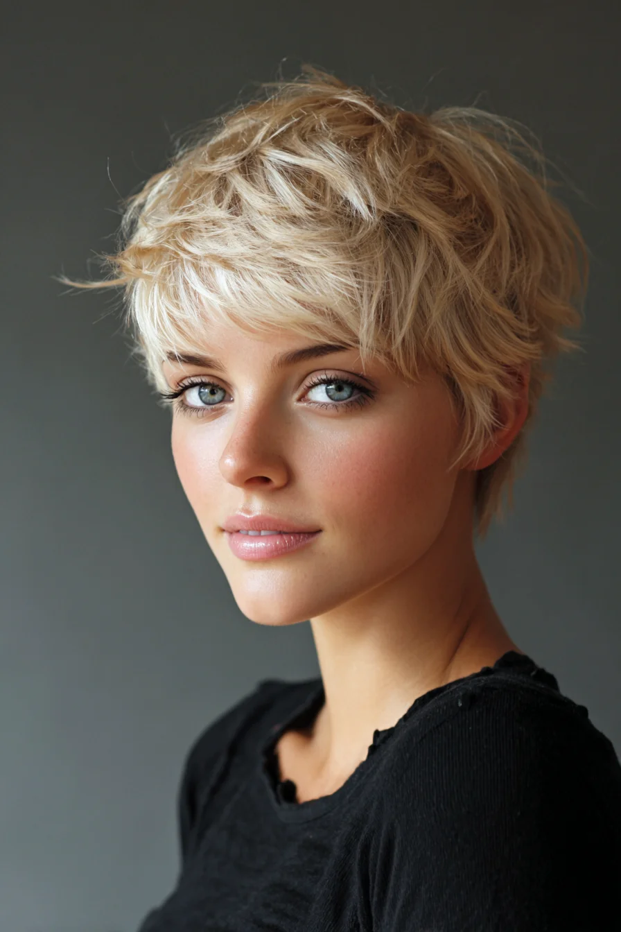 Textured Platinum Blonde Pixie with Soft Fringe