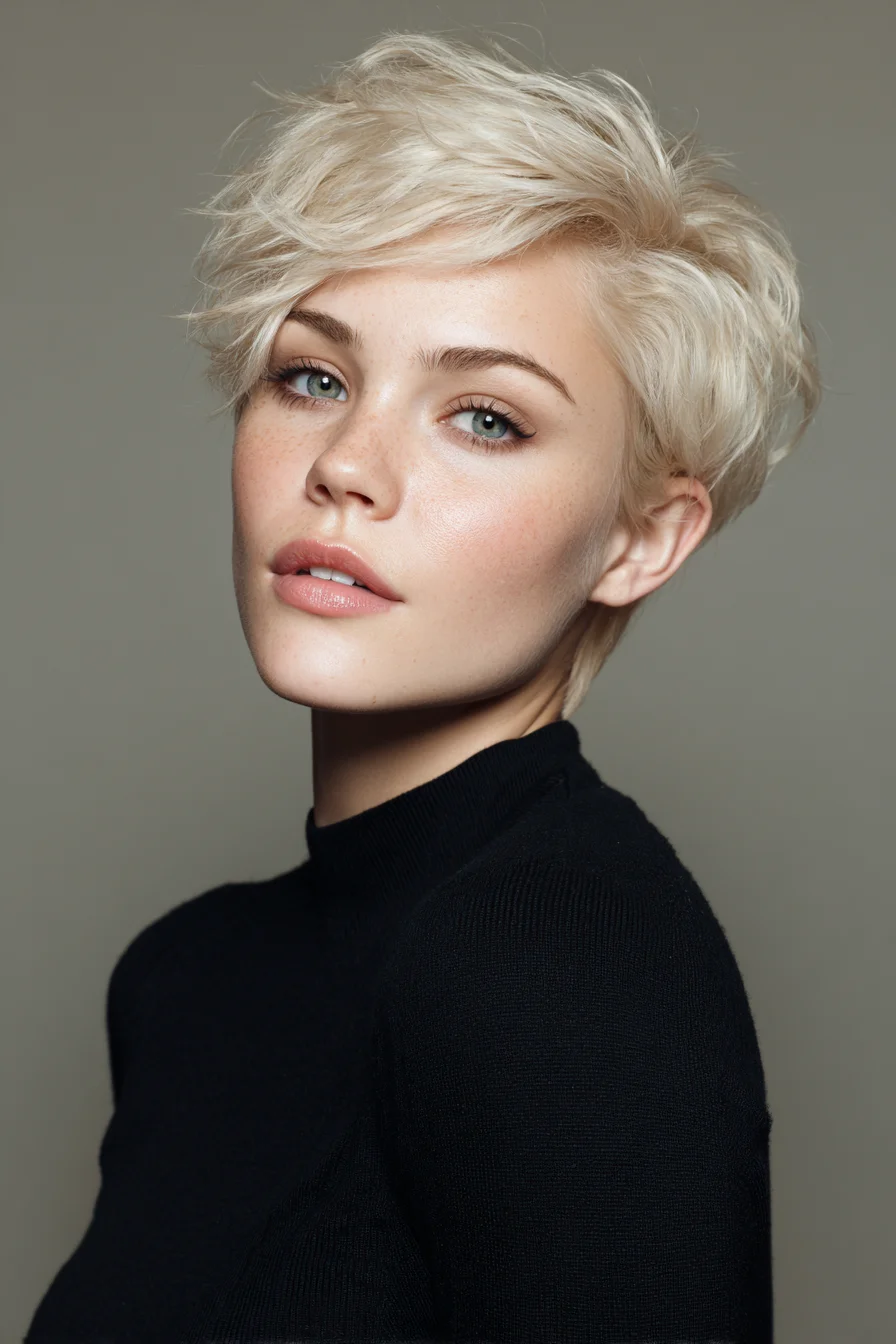Textured Platinum Blonde Pixie with Tousled Side‑Swept Fringe