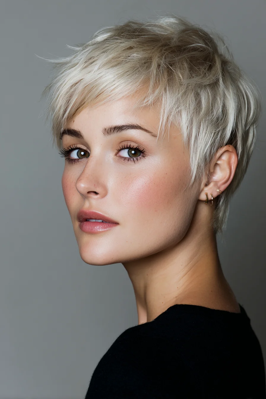 Textured Platinum Pixie Cut with Choppy Fringe