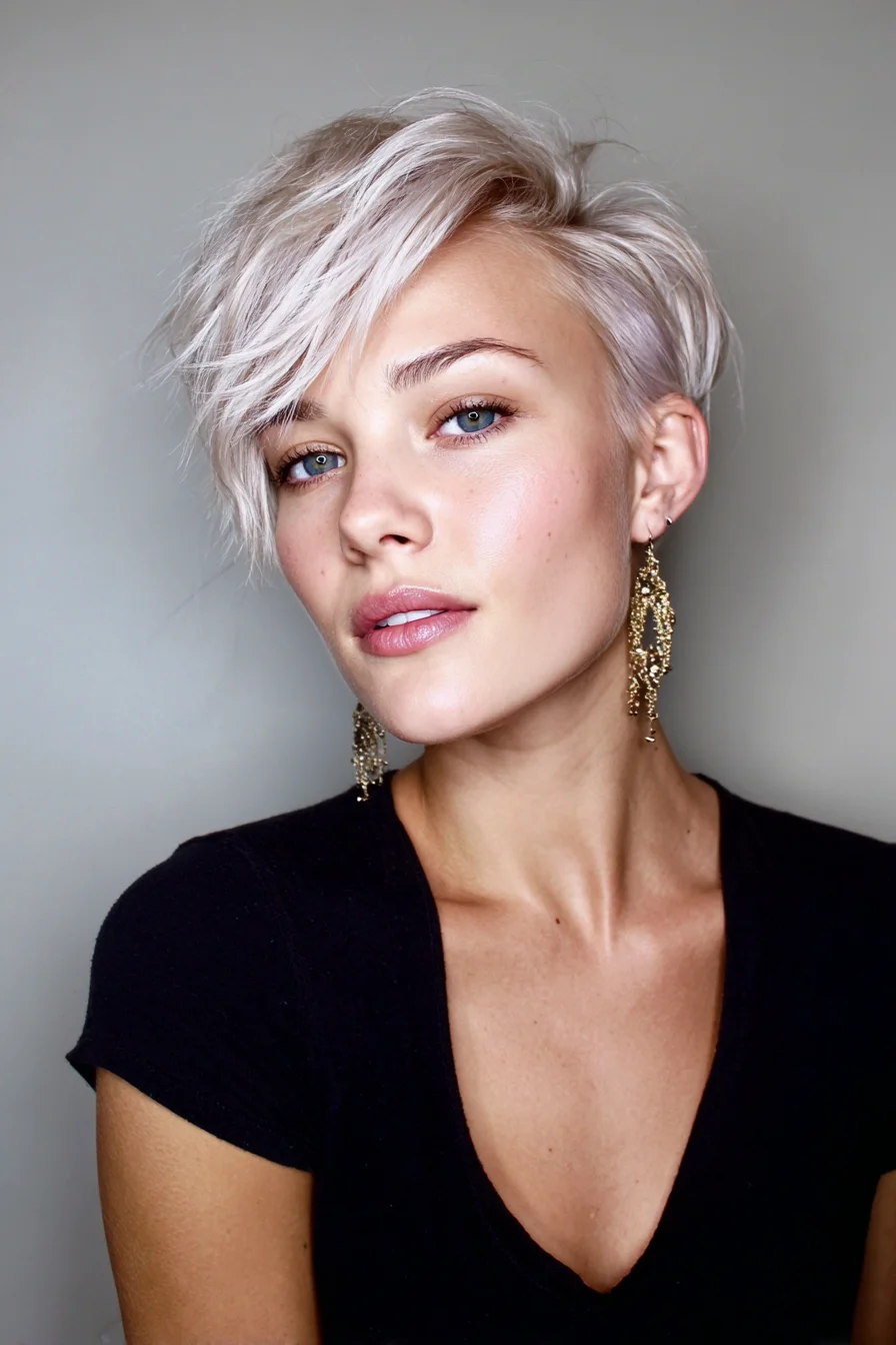 Textured Platinum Pixie Cut with Sweeping Side Fringe