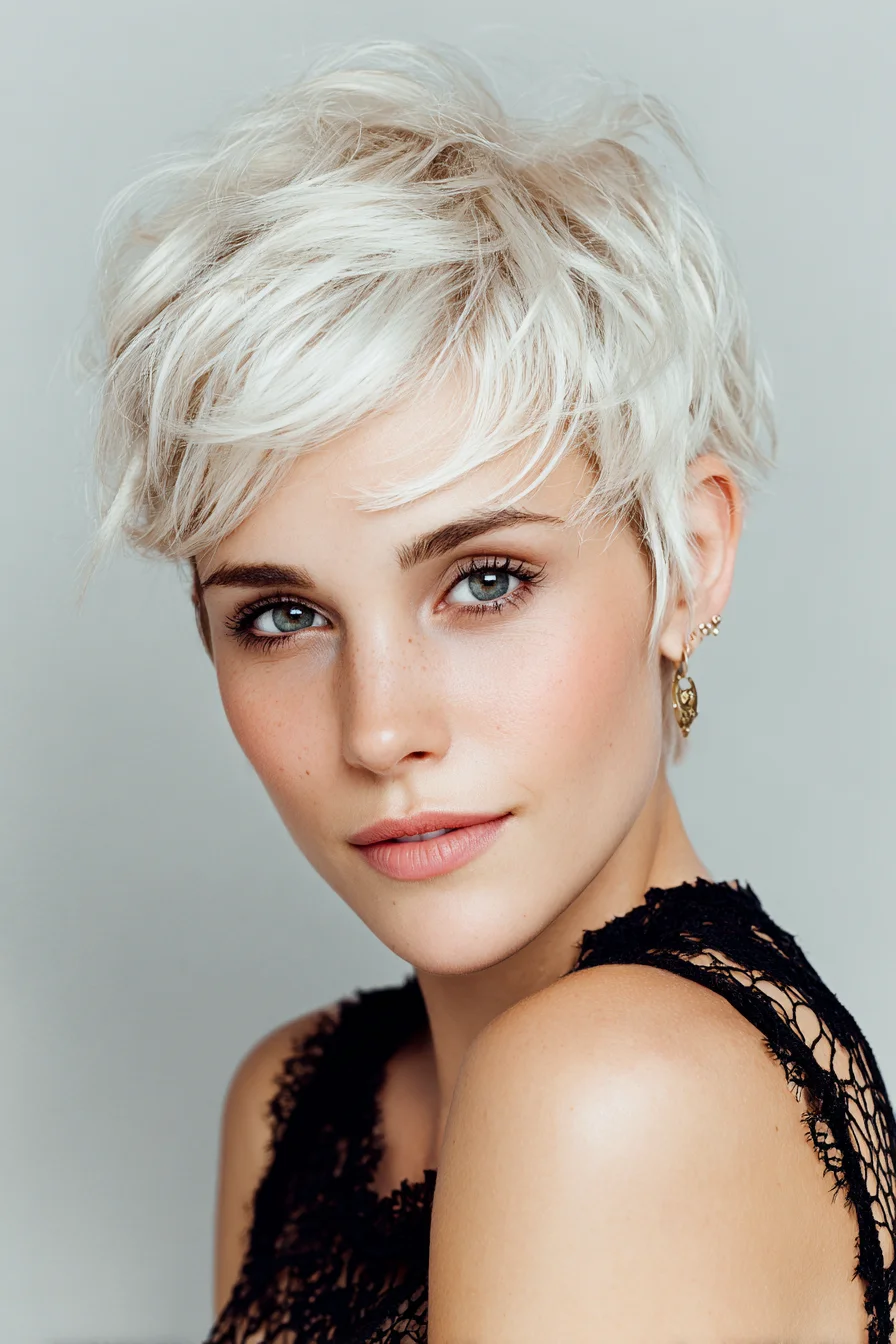 Textured Platinum Pixie with Side‑Swept Fringe