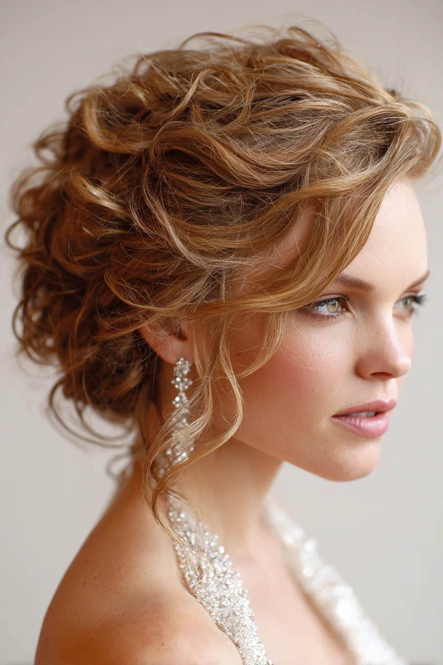 Textured Romantic Curly Bridal Updo with Face‑Framing Tendrils