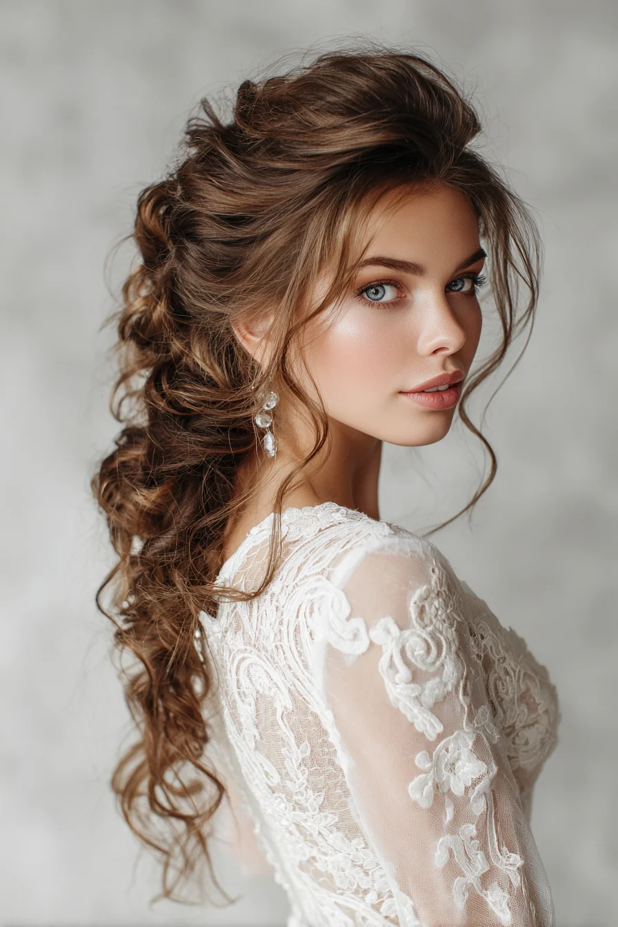 Textured Romantic Curly Half-Up Bridal Ponytail
