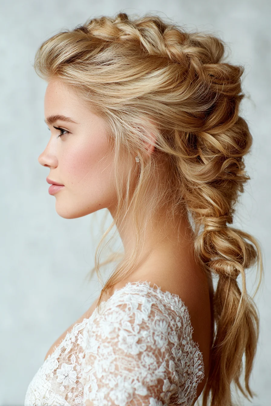 Textured Romantic Dutch Braid into Loose Bubble Ponytail