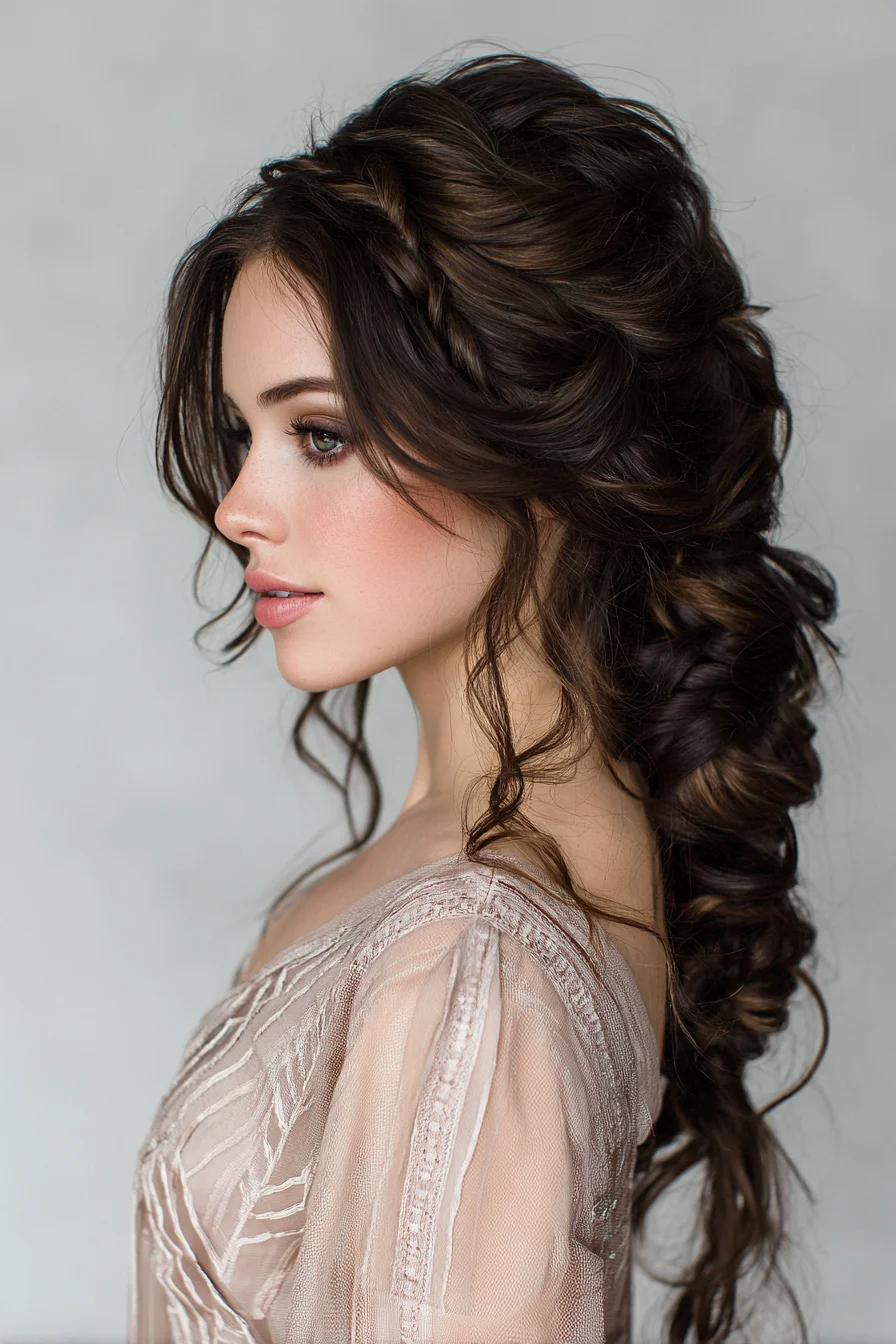 Textured Romantic Loose Braid Updo with Face‑Framing Tendrils