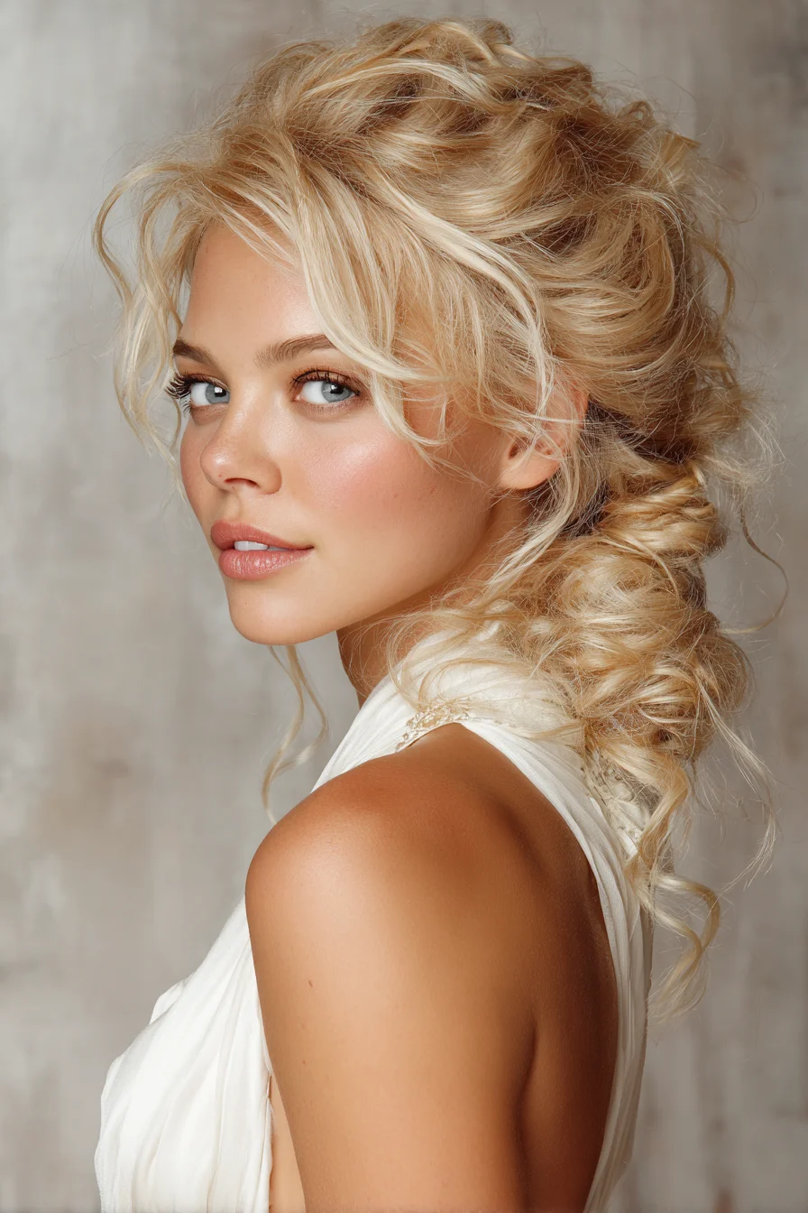 Textured Romantic Low Curly Updo with Face‑Framing Pieces