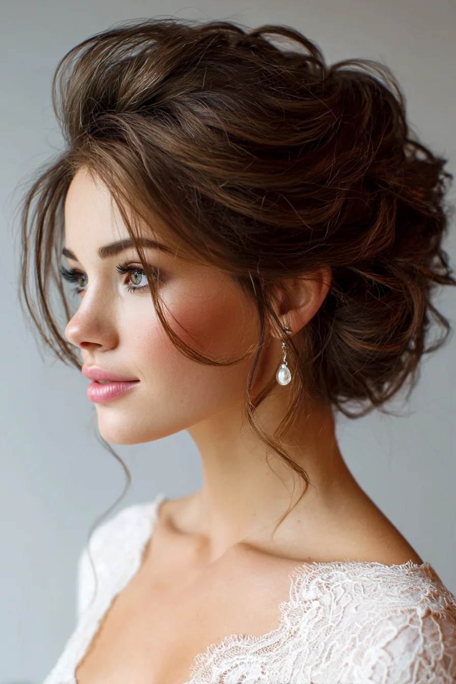 Textured Romantic Low Messy Bun with Face‑Framing Tendrils