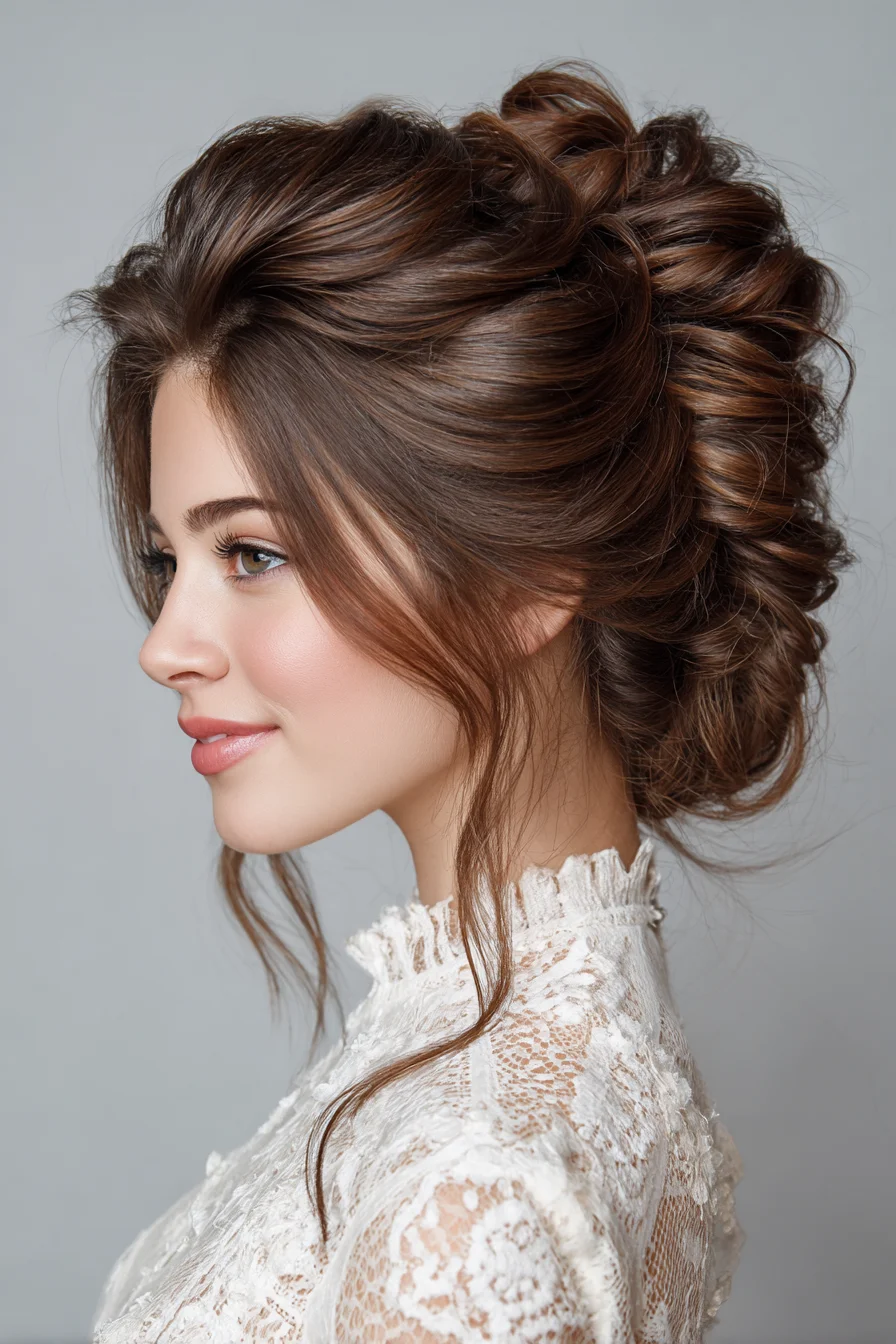 Textured Romantic Low Updo with Face‑Framing Tendrils