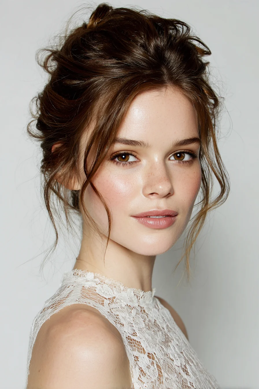 Textured Romantic Messy Updo with Face‑Framing Tendrils