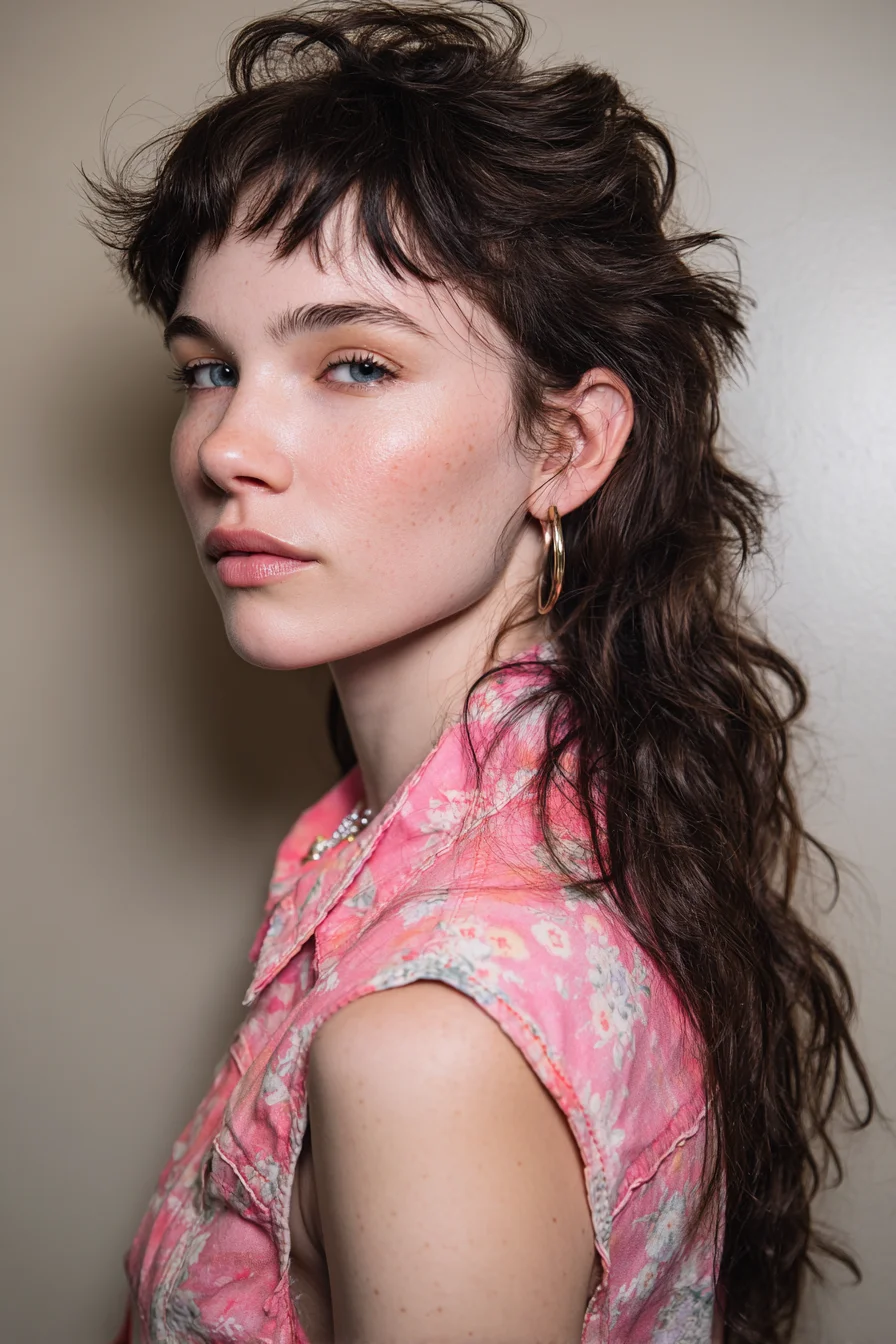 Textured Shag Mullet with Short Choppy Fringe and Wavy Layers