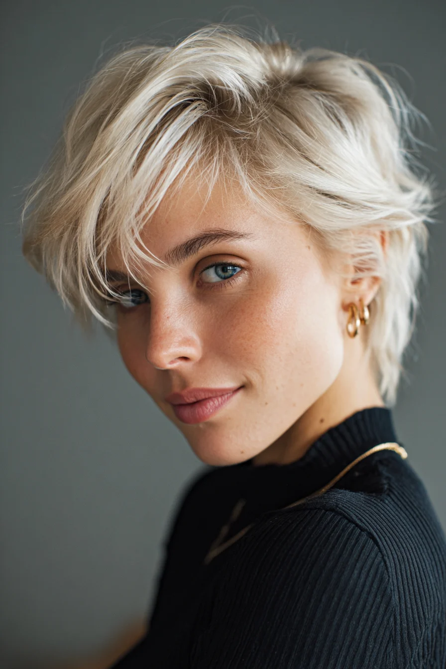 Textured Shaggy Pixie with Long Side‑Swept Fringe