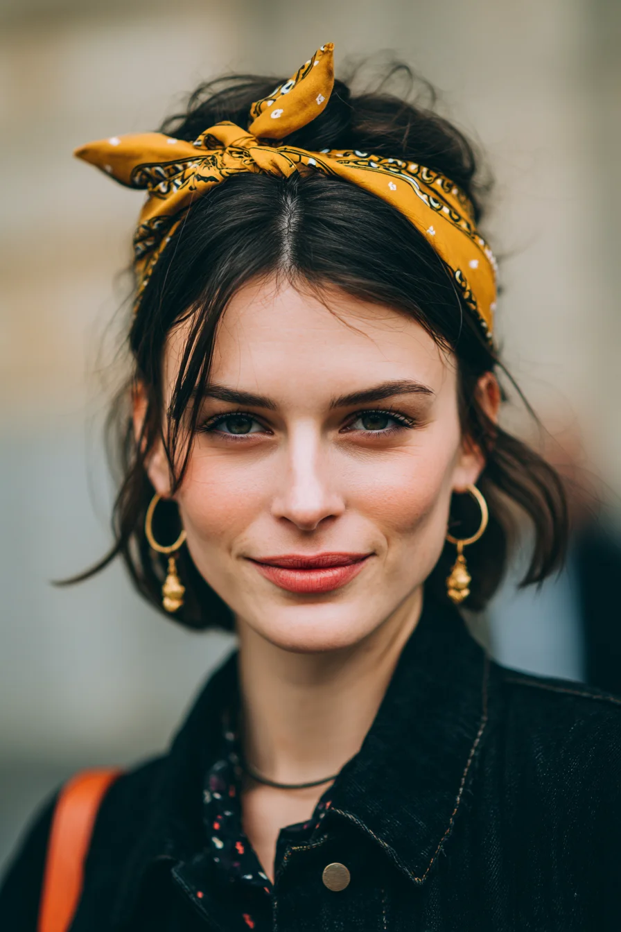Textured Short Bob with Bandana Headband and Face‑Framing Wisps