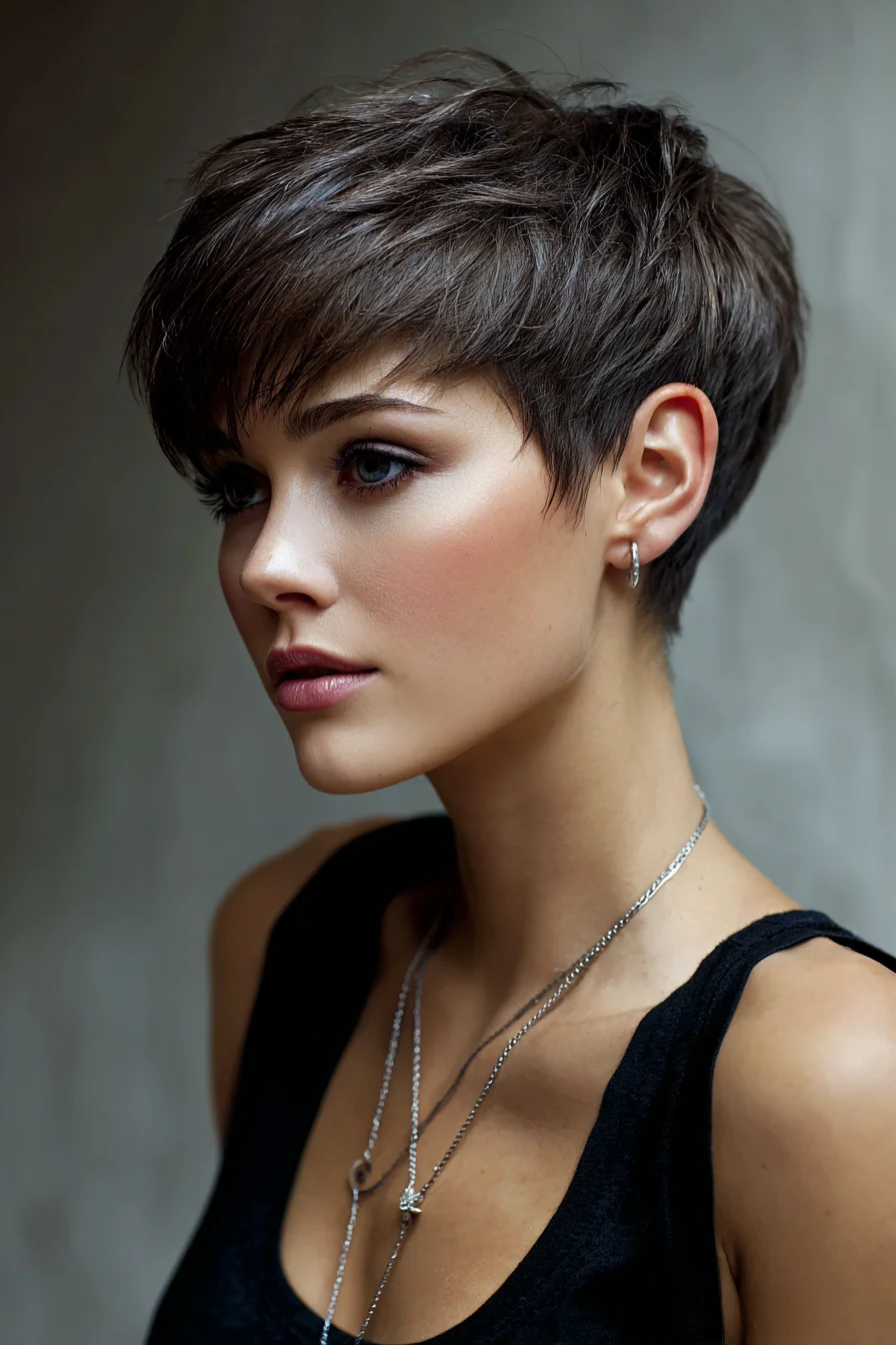Textured Short Pixie with Long Fringe — Layered Tapered Pixie Cut