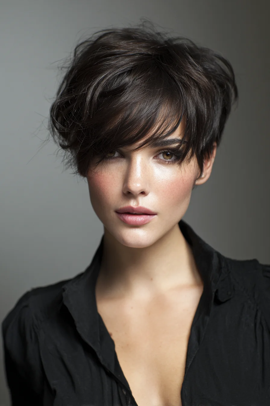 Textured Short Pixie with Long Side‑Swept Fringe