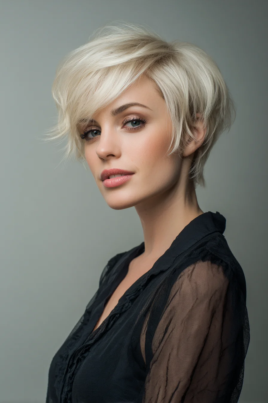 Textured Short Pixie with Side‑Swept Fringe – Blonde Layered Cut