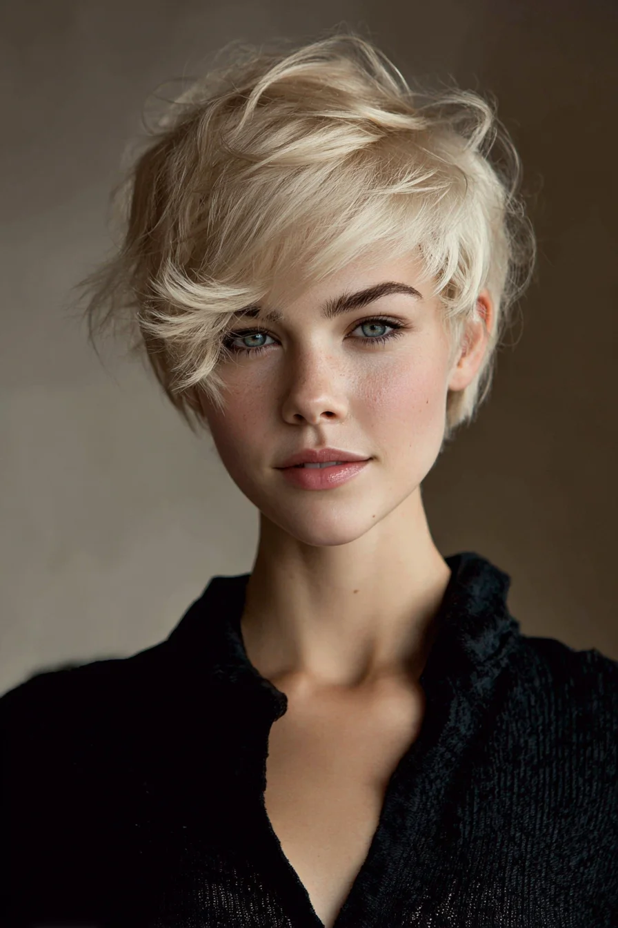 Textured Short Pixie with Side-Swept Fringe — Choppy Blonde Layers