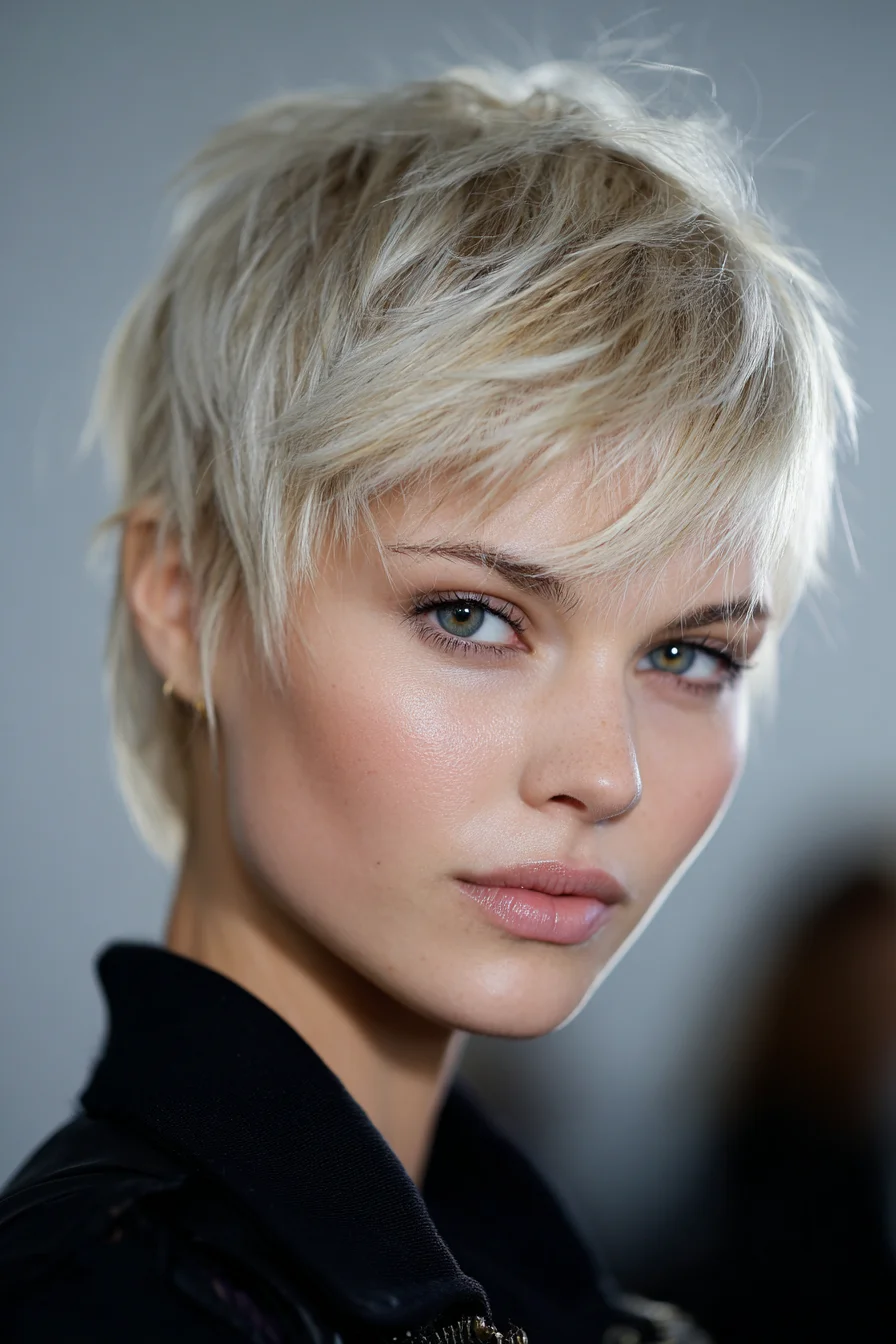 Textured Short Pixie with Soft Fringe — Layered Blonde Pixie Cut